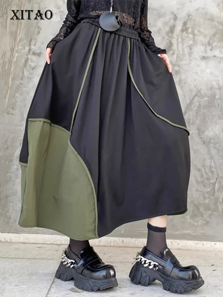 XITAO Solid Color Casual Loose Hong Kong Style Skirt Contrast Color Patchwork A-line Ankle-length Autumn Women Skirt ZYY1069