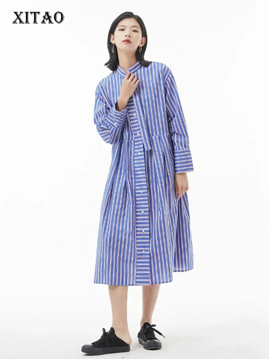 XITAO Striped Dress Fashion Single Breast Full Sleeve Elegant Patchwork Small Fresh Casual Style Loose 2024 Dress WMD4844