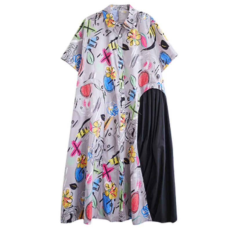 XITAO Loose Print Patchwork Dress Turn Down Collar Short Sleeve Single Breasted Slimming Summer Fashion Women Dress LYD1757