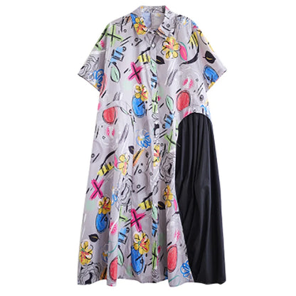 XITAO Loose Print Patchwork Dress Turn Down Collar Short Sleeve Single Breasted Slimming Summer Fashion Women Dress LYD1757