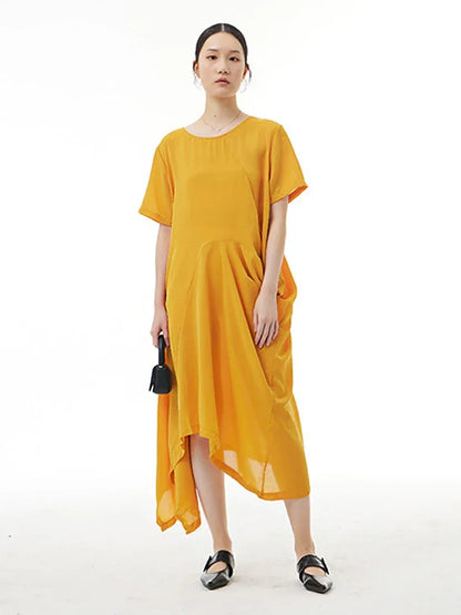 XITAO Asymmetrical Folds Splicing Dress Solid Color Temperament Simplicity O-neck Collar Casual Loose New WMD5417