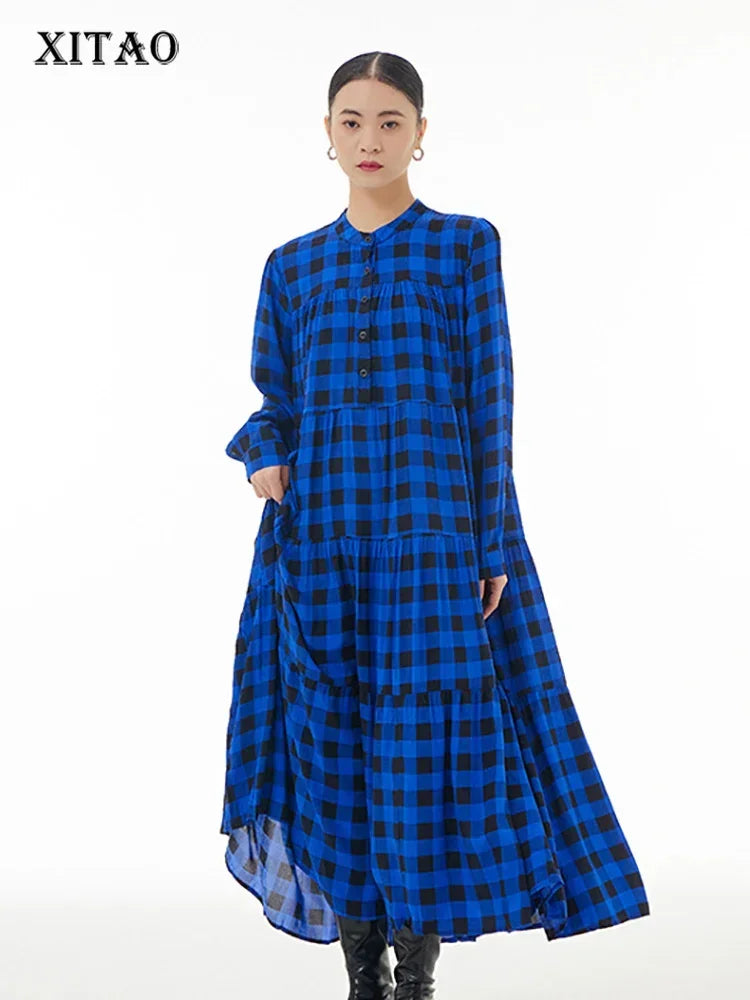 XITAO Plaid Patchwork Stand Collar Dresses Contrast Color Single Breasted Loose Mid-calf Slimming Long Sleeve Dress New DMJ3419