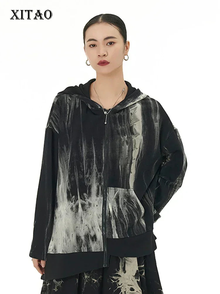 XITAO Tie Dye Asymmetrical Hooded Jackets Zipper Patchwork Pocket Loose Autumn New Arrival Casual Show Thin HQQ1592