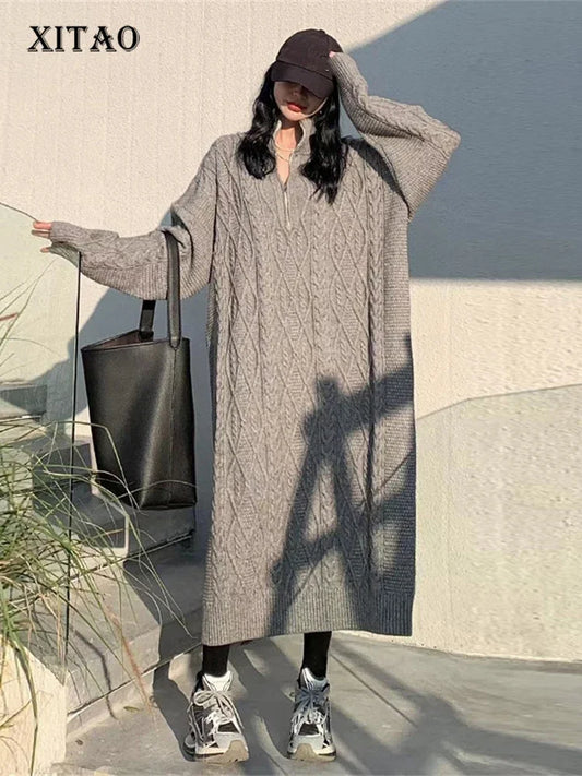 XITAO Vintage Pleated Dress Knitted Goddess Fan Pullover Full Sleeve Solid Color Minority Loose Winter Dress SMH1214