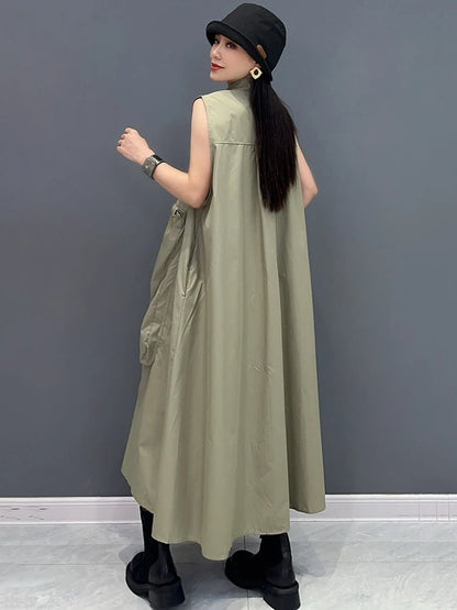 XITAO Off Shoulder Sleeveless Pleated A-line Dress Loose Fashion Big Pocket Elegant Temperament Summer New Dress HQQ2366