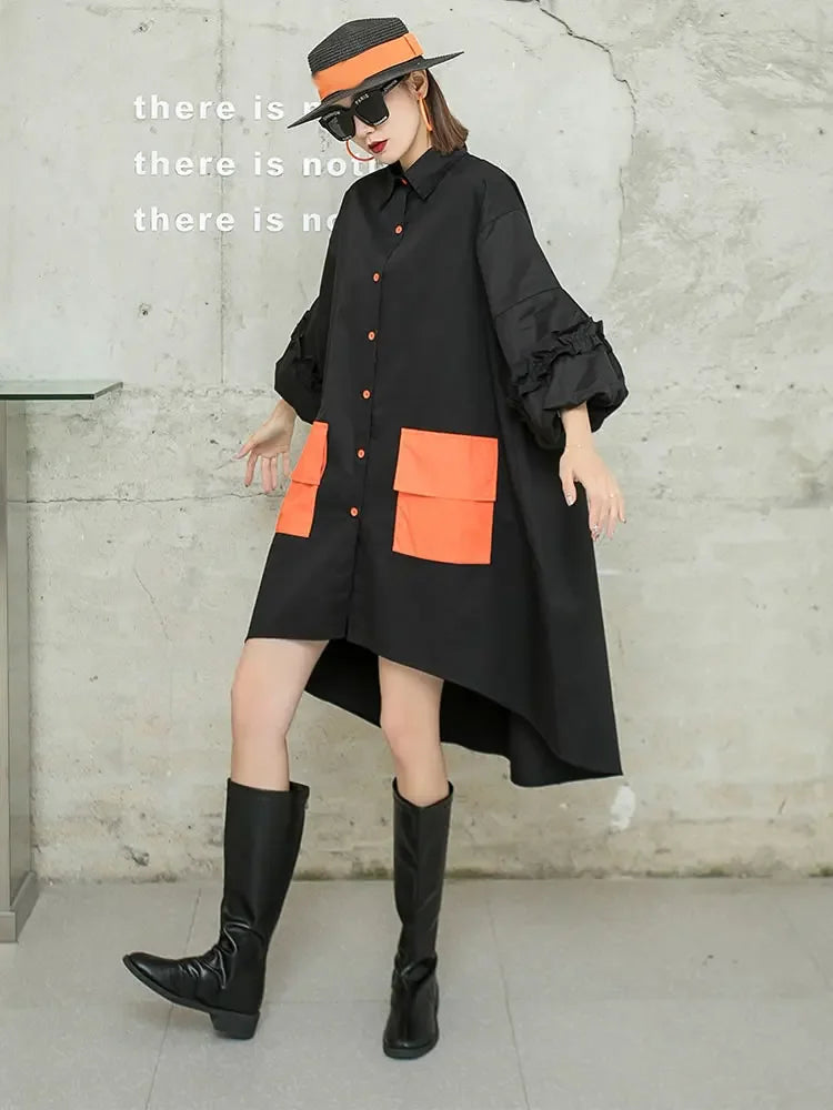 XITAO Fashion Shirt Dress Loose Contrast Color Patchwork Pocket Casual Irregular Hem Simplicity Turn-down Collar Women GWJ2290