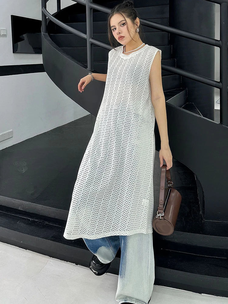 XITAO Hollow Out Sleeveless Solid Color Dress O-neck Loose Casual All-match Pullover Simplicity Women New Line Dress DMJ4117