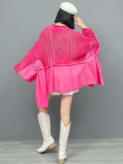 XITAO Loose Solid Color Patchwork Ruffle Sweater V-neck Batwing Sleeve Casual Small Design 2024 Autumn New Pullover GYX1027