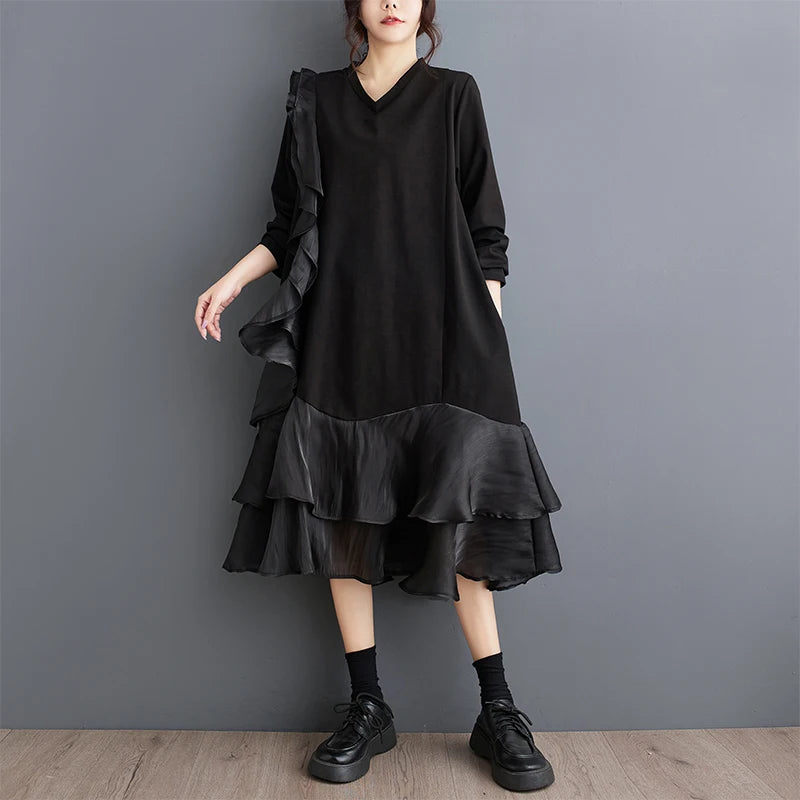 XITAO A-line Casual Loose Patchwork Mid-calf Contrast Color V-neck Full Sleeve Women Pullover Autumn Slim Female Dress ZYY1071