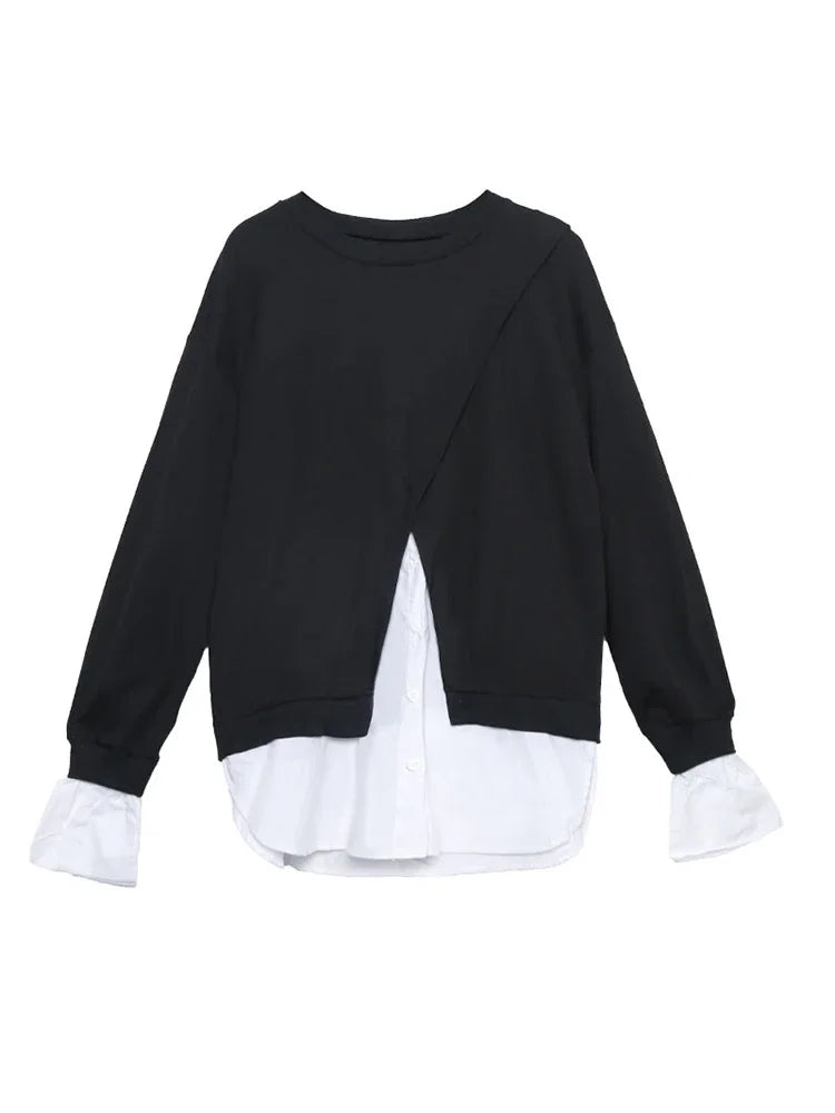 XITAO Patchwork Hit Color Black White T Shirt Women Clothes Fashion Button Pullover Full Sleeve Match All Tee Top  GCC1369