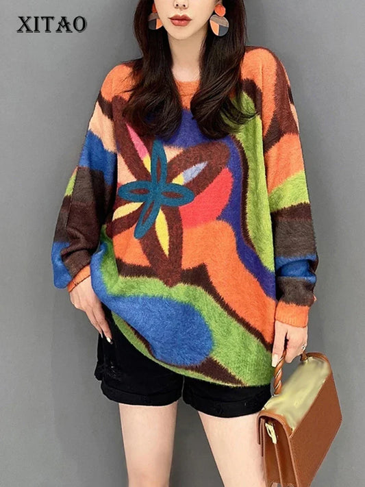 XITAO Contrast Color Knitting Sweater Fashion Irregular Striped Simplicity Top Loose Fashion Casual Long Sleeve Women DMJ3183