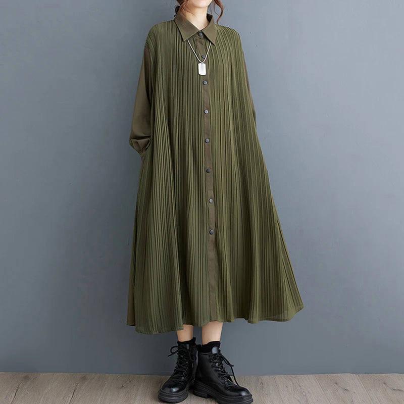 XITAO Full Sleeve Solid Color Patchwork Pleated A-line Dress Loose Fashion Slimming Casual Women Autumn Women Dress ZY8905