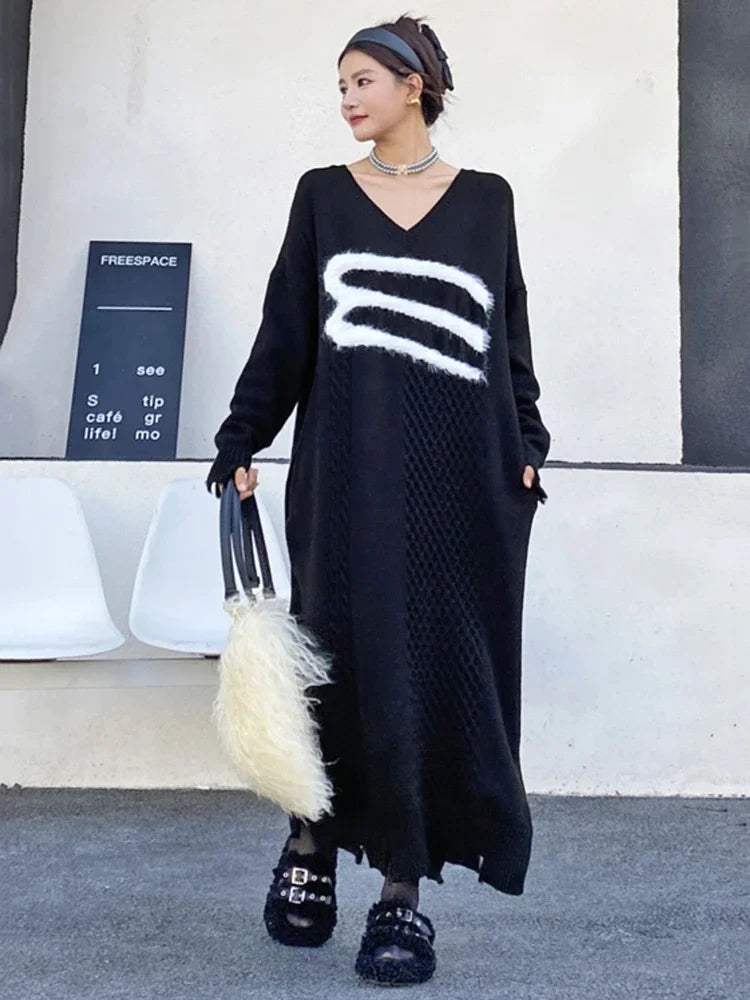 XITAO Solid Color Casual Loose V-neck Knitted Contrast Color Patchwork Mid-calf Full Sleeve Pullover Autumn Female Dress ZYY1103