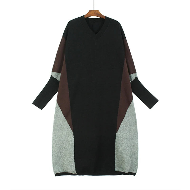 XITAO Contrast Color Knitting Batwing Sleeve Dress V-neck Patchwork Pullover Loose Autumn New Casual All Match LYD1442