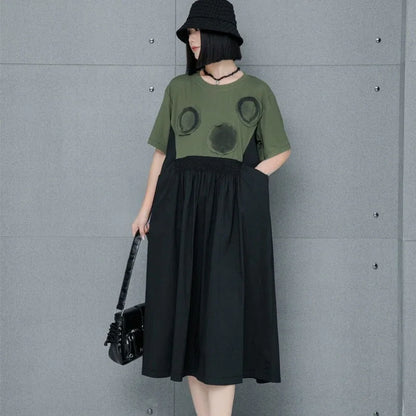 XITAO Contrast Color Patchwork False Two Pieces Dress Fashion Casual Loose A-line Mid-calf O-neck Summer Women Dress GMM1278