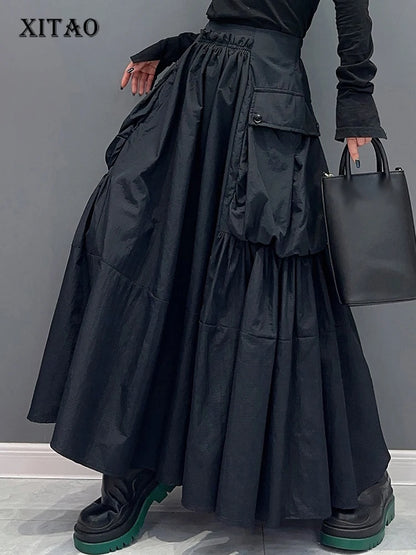 XITAO Big Pocket Elastic Waist A-line Skirt Pleated Solid Color Fashion Loose Street Trendy 2024 Spring Women Skirt DMJ3981