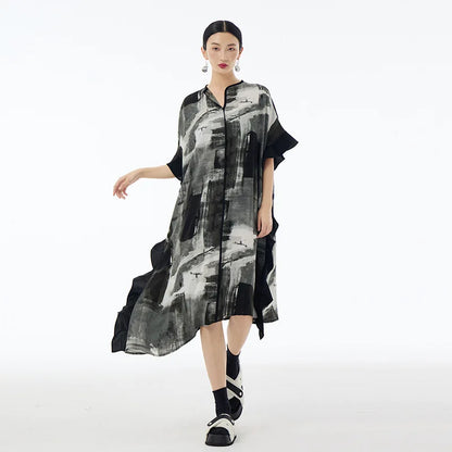 XITAO Asymmetrical Patchwork Gauze Tie Dye Dresses O-neck Pullover Loose Casual Slimming Dress Summer New Fashion ZY8833