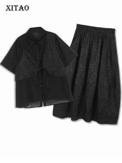 XITAO Jacquard Dark Style Skirt Set New Tie Up Vest Shirt Elegant Fashion All Match Women A-line Skirt Two Piece Set LYD1848