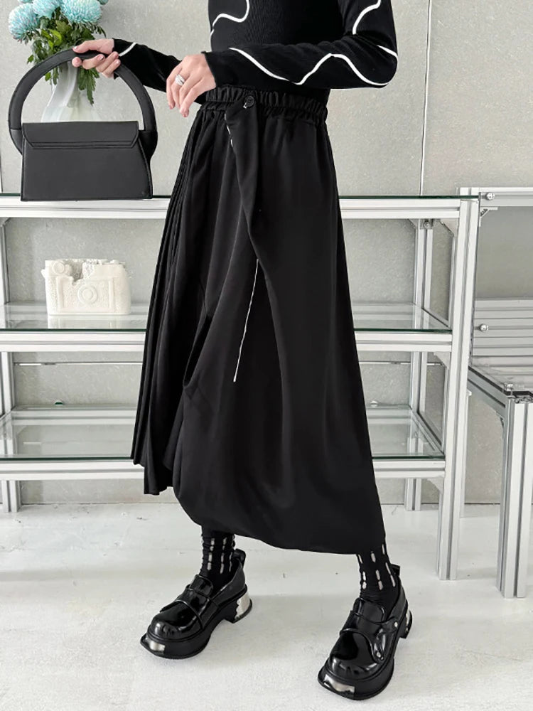 XITAO Asymmetrical Folds Patchwork Skirts Solid Color Elastic Waist Loose A-line Mid-calf Casual Skirts Spring New DMJ3934