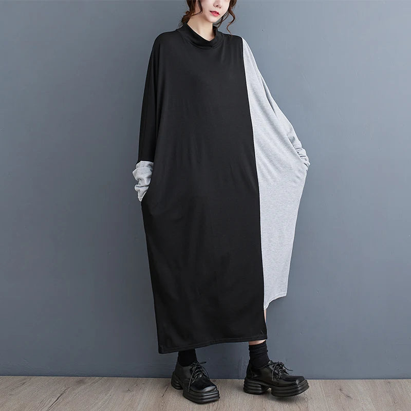 XITAO Casual Patchwork Contrast Color Batwing Sleeve Dress Half High Collar A-line Autumn 2024 New Arrival Women Dress ZYY1055