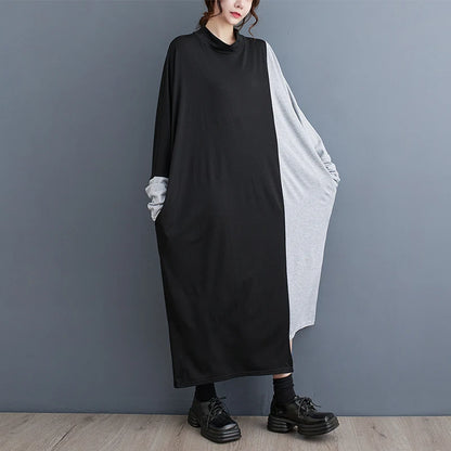 XITAO Casual Patchwork Contrast Color Batwing Sleeve Dress Half High Collar A-line Autumn 2024 New Arrival Women Dress ZYY1055