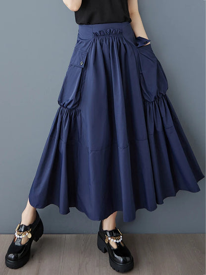 XITAO Casual Folds Big Pocket Female Skirt Simple Solid Color All-match Women Loose Fashion A-line Irregular Skirt GMM1299