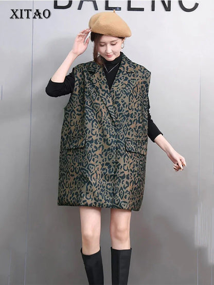 XITAO Leopard Print Sleeveless Pocket Lapel Coat Hong Kong Vintage Suit Collar Casual Loose Fitting Autumn Women Vest GMM1213