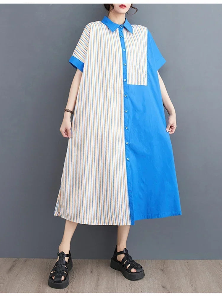 XITAO Striped Dress Fashion Women Goddess Fan Single Breasted Goddess Fan Casual Style Loose Summer Elegant Dress WLD11528