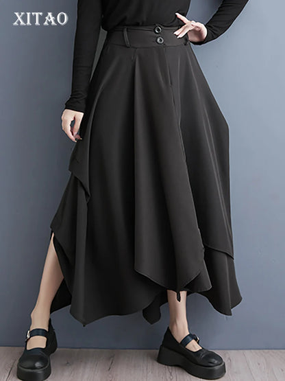 XITAO Asymmetrical Black Patchwork Skirts Solid Color Loose A-line Ankle-length All Match Casual Skirts 2024 Autumn DMJ4168