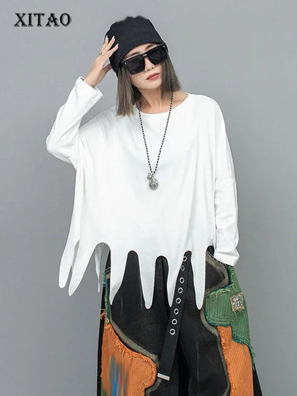 XITAO Fashion Irregular Hem T-shirt Solid White Casual Personality Loose Long Sleeve Women Top New DMJ2860