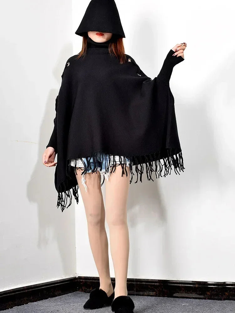 XITAO Turtleneck Sweater Women Bat Sleeve Pullover Women Korean Style Cape Knitwear Vintage Elegant Fringed Hem XJ3287