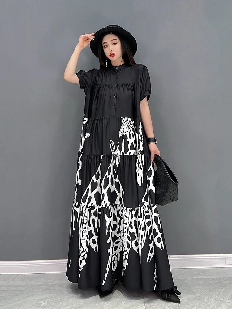 XITAO Pleated Casual Dress Loose Fashion Contrast Color Print Stand Collar Large Size Shirt Dress Temperament New Women WLD7792