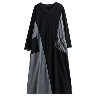 XITAO Casual T-shirt Dress Contrast Color Patchwork Women Asymmetrical Folds Pocket New Dress DMJ3101