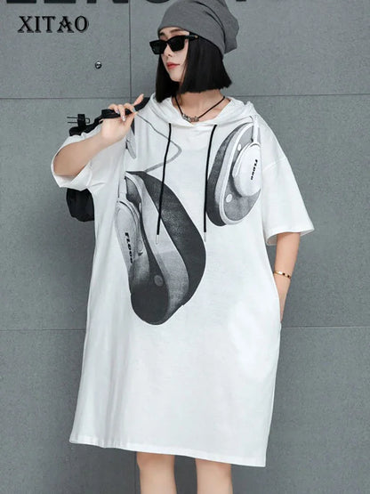 XITAO Print Hooded Pocket Contrast Color Dress Short Sleeve Patchwork Loose Slimming Knee-Length Casual All Match Dress GMM1191