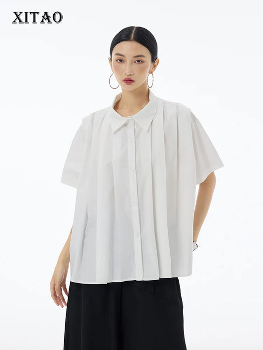 XITAO Solid Color Pleated Shirt Casual Simplicity Loose Fashion Turn-down Collar Short Sleeve Women Top 2024 Summer New ZY8821