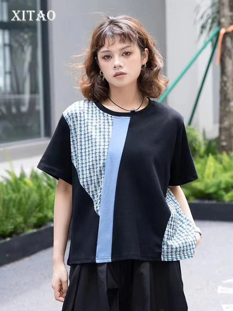 XITAO Patchwork Contrast Color Dot T-shirts O-neck Short Sleeve Pullover Casual Tops 2024 Summer New All Match Slimming GJ1043