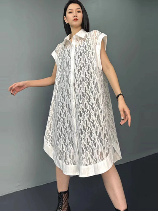 XITAO Hollow Out Lace Sleeveless Shirt Dress Single Breasted Simplicity Temperament Irregular 2024 Summer New Dress WLD20136