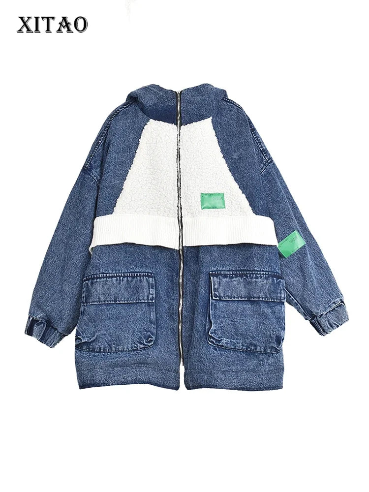 XITAO Plush Splicing Denim Coat Contrast Color Fashion Keep Warm Hooded Collar Coat Spring New Loose All-match WLD6572