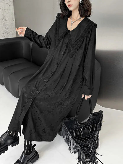 XITAO Lace Patchwork Turn-down Collar Dresses Single Breasted Solid Color Temperament Loose Shirt Dress 2024 Autumn New HQQ2411