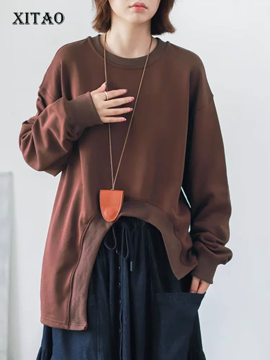 XITAO Casual Solid Color O-neck Irregular Full Sleeve Sweatshirts Patchwork Autumn Loose Pullovers Women Sweatshirts ZYY1038