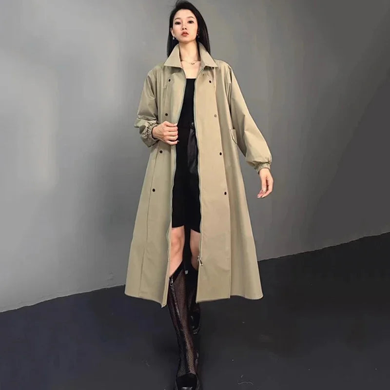 XITAO Casual Solid Color Women Trench New Arrival Turn Down Collar Zipper A-line Loose Female Long Sleeve Fashion Coat GYX1082