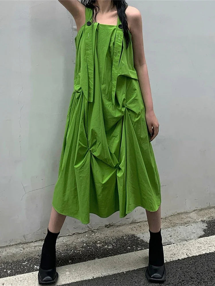 XITAO Pleated Dress Irregular Goddess Fan Pullover Solid Color Sleeveless 2024 Summer Minority Loose Pullover Dress WLD7356