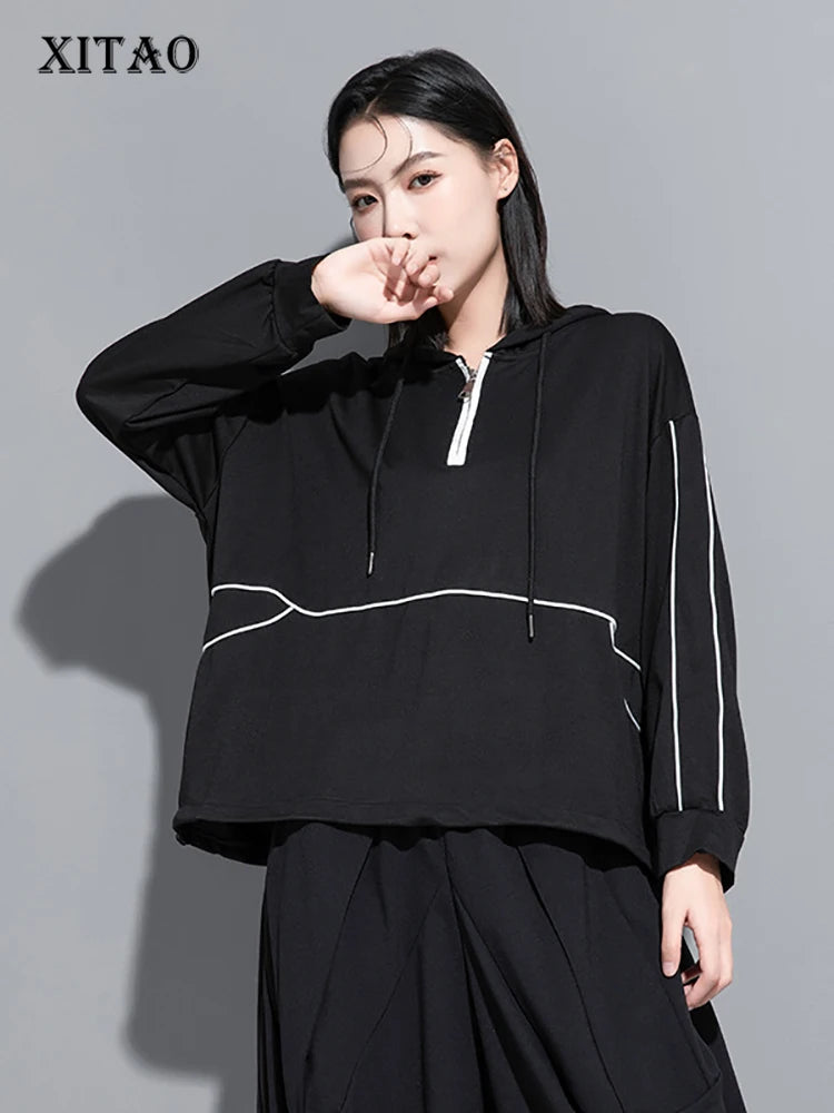 XITAO Hooded Loose Solid Sweatshirt Zipper Pullover Full Sleeve Personality Simplicity Spring Fashion Women New Top LYD1721