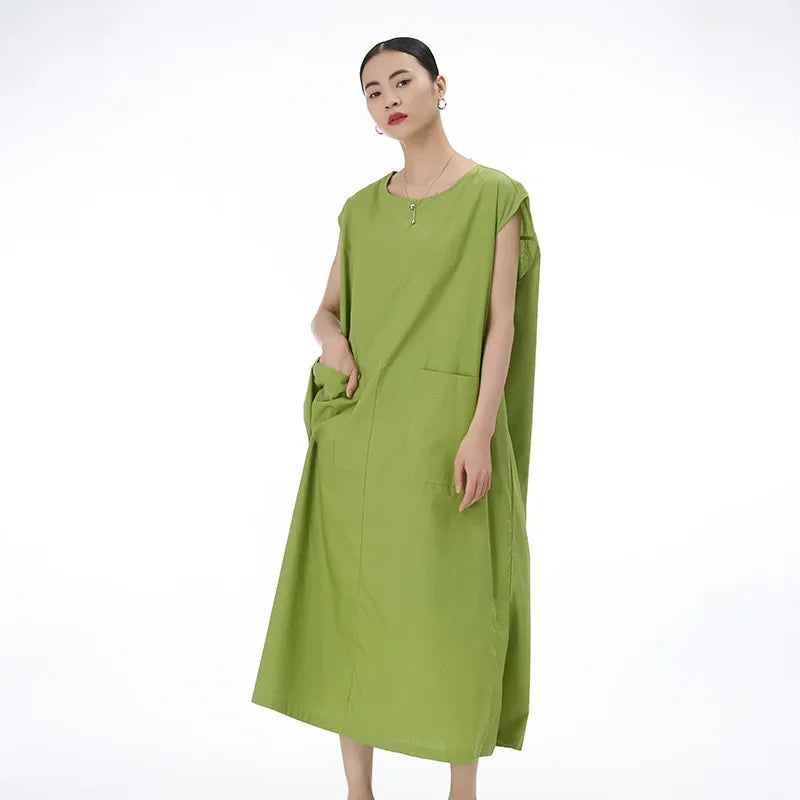 XITAO Sleeveless Long Style Women Dress Solid Color Simplicity Fashion Temperament O-neck Collar Women Summer New Dress HQQ0629