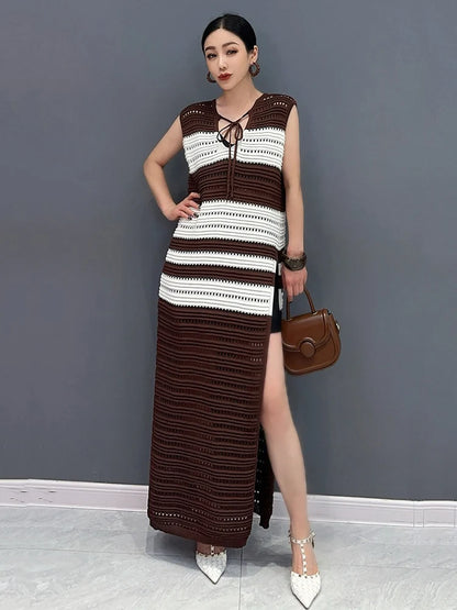 XITAO Knitting Side Split Bandage Pullover Dress Contrast Color Hollow Out Ankle-length Temperament Fashion 2024 Summer ZY8844