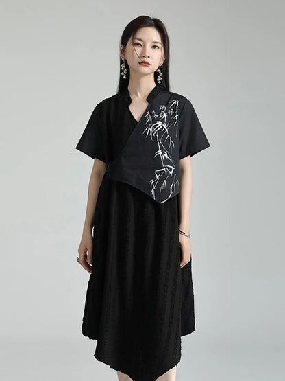 XITAO Asymmetrical Print Stand Collar Dress Solid Color Patchwork Short Sleeve Pullover Dress 2024 Summer New Fashion ZY8738