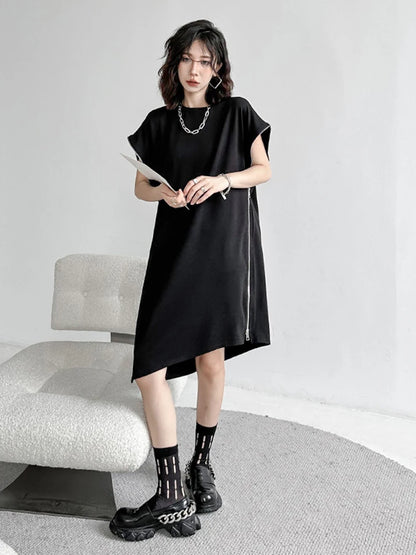 XITAO Black Casual T-shirt Dress Personality Loose Zipper Splicing Bat Wing Sleeve Summer New Street Trendy Women Dress WLD11291