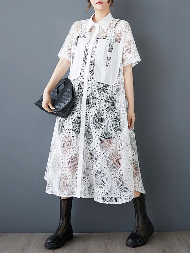 XITAO A-line Solid Color Casual Turn-down Collar Half Sleeve Dress Patchwork Mesh Hollow Out Loose Autumn Female Dress GMM1085