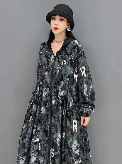 XITAO Hooded Print Sun-proof Dress Casual Fashion Zipper Splicing Long Sleeve Women 2024 Summer New Loose Blouse Dress ZY8795