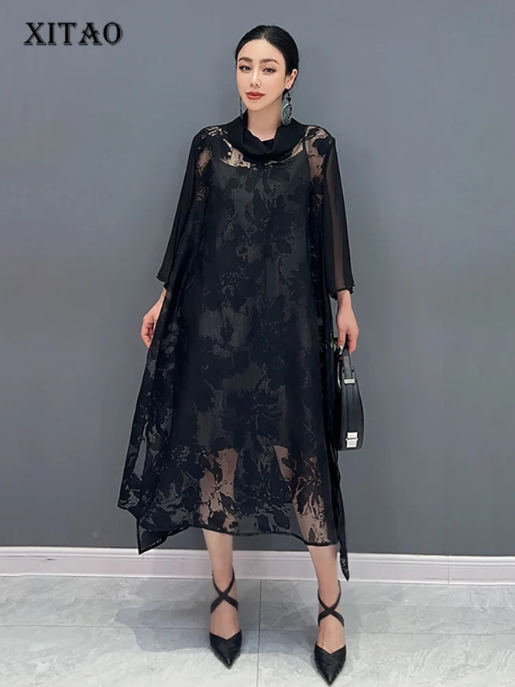 XITAO Sheer Jacquard Loose Dress Solid Color Pullover Side Split Patchwork Elegant Summer Fashion Women New Dress LYD1803